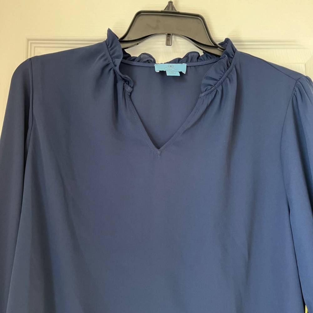 CeCe Navy Blue Ruffle Blouse